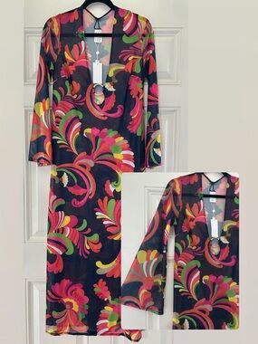 NWT TRINA TURK Mesh Maxi Psychedelic Black Floral V-Neck O-Ring Swim Coverup M
